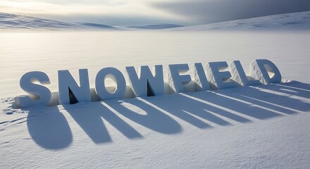 Snowfield letters stand prominently in a vast snowy landscape creating a stark contrast and a sense of serene isolation under a soft diffused light