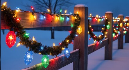 Festive christmas lights adorn a snow covered wooden fence creating a warm holiday atmosphere in a winter landscape perfect for seasonal greetings and cheer