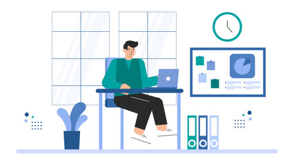 Business People Working Overtime at Office Flat Vector Illustration