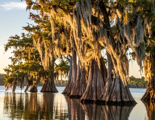 Serene swamp scene with majestic trees and Spanish moss reflections