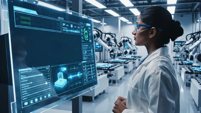 Engineer in lab coat interacts with digital screens, representing technological innovation, data analysis, and problem solving expertise, ideal for commercial or industrial projects requiring.