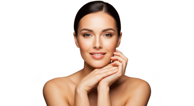 Beautiful woman touching her face with glowing skin, isolated on transparent background