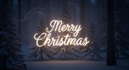 Glowing merry christmas sign amidst snow covered pine trees in a winter forest creating a magical holiday atmosphere perfect for seasonal greetings and festive cheer