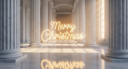 Elegant marble hall with glowing merry christmas sign creating a festive and luxurious holiday atmosphere perfect for seasonal greetings and celebrations