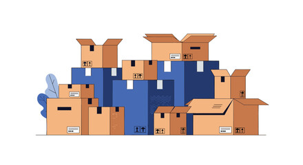 An illustration featuring a large pile of various sized cardboard and blue shipping boxes, signifying moving, delivery, or storage concepts.