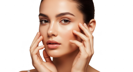 Beautiful young woman touching her face with clean skin isolated on transparent background
