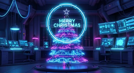 Merry christmas in a futuristic control room with a neon christmas tree and computer screens creating a festive high tech holiday atmosphere for the season