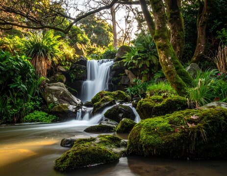 Serene waterfall cascading over mossy rocks in a lush, green forest