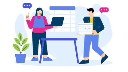 Flat Design Busy Office Environment Illustration Flat Vector Illustration