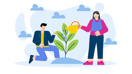 Business People Planting Trees for CSR Flat Vector Illustration