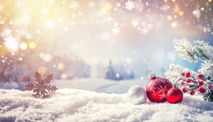 Red Christmas ornaments resting on fresh snow with soft bokeh lights and a winter forest in the background. A warm and cheerful holiday composition blending cold and color.