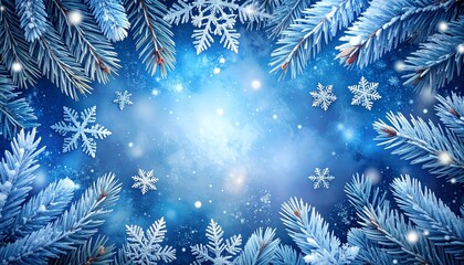 Elegant winter background framed by frosted pine branches and silver snowflakes on a deep blue texture. Perfect for holiday greeting cards, seasonal ads, and design templates.