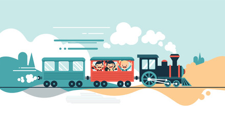 A cheerful steam train carries happy children on an exciting journey through a scenic landscape under a clear sky.