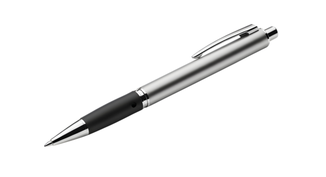 Sleek metallic silver and black ballpoint pen isolated on a pure white background with clipping path