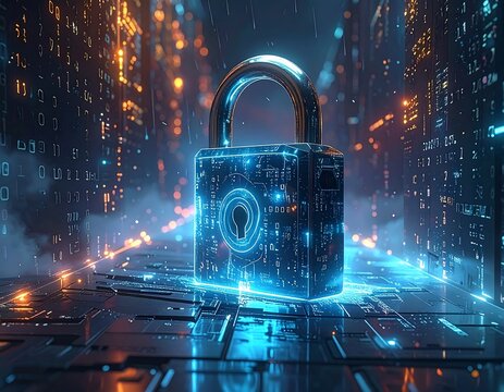Futuristic padlock illuminated within a digital circuit backdrop