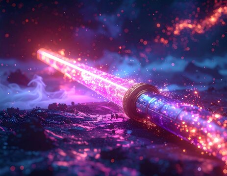 Futuristic, glowing energy blade piercing through darkness