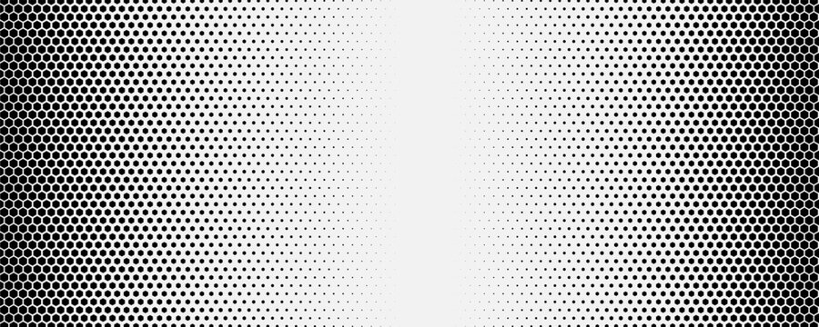 Horizontal gradient of black and white hexagon halftone texture vector illustration black and white dot background
