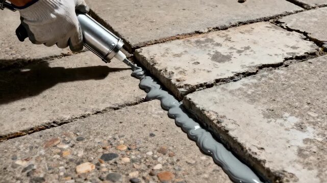 Closeup of a worker applying silicone joint sealant on concrete pavement to prevent moisture penetration and enhance durability in construction projects.