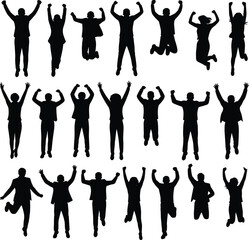 Silhouettes of happy people jumping and celebrating, energetic poses, diverse men and women, excitement and success concept illustration