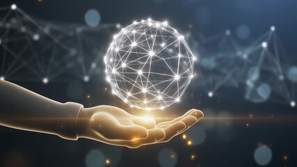 Human hand holding a digital sphere, representing the global network, artificial intelligence and technology - Powered by Adobe