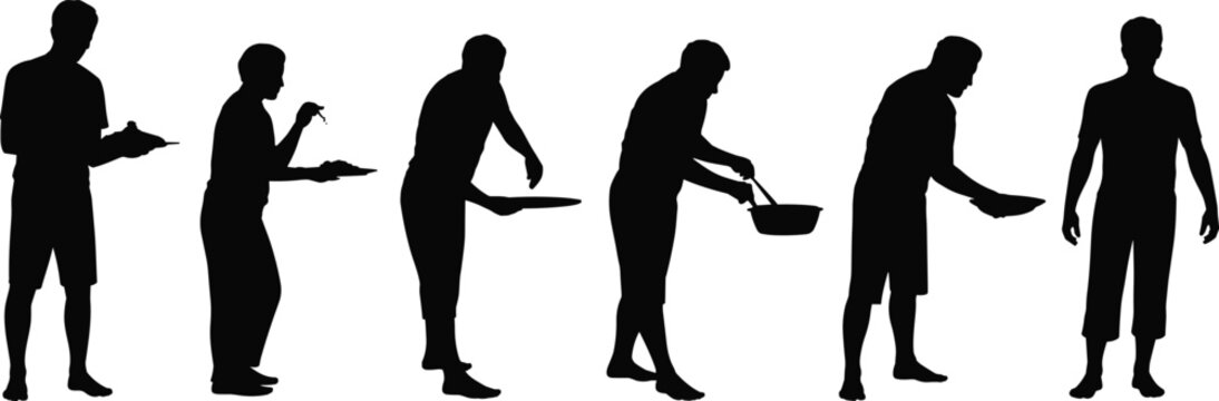 Silhouettes of men cooking and eating, food preparation, kitchen activity, dining, serving meals, culinary art, lifestyle illustration