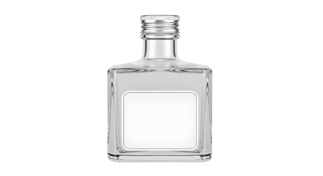Mini square glass liquor bottle mockup with blank label isolated on white background