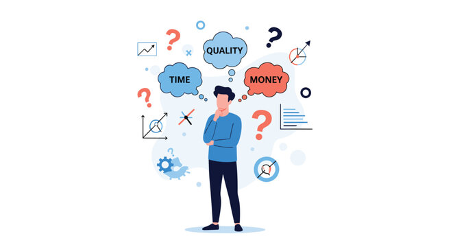 Man pondering the optimal balance of time, quality, and money, representing key factors in project management and business decision-making.
