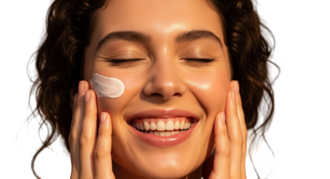 Happy young woman with eyes closed applying facial cream, smiling during skincare routine for fresh skin isolated on transparent background