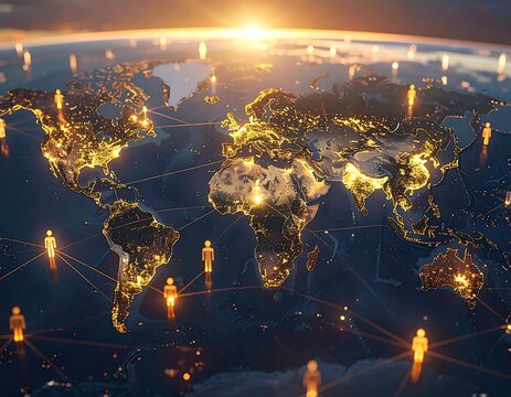 Illuminated Earth with connected human figures, golden sunlight