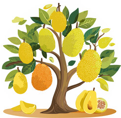 Educational Vector Illustration of a Tropical Jackfruit Tree (Artocarpus Heterophyllus) Bearing Ripe and Unripe Fruits, Ideal for Botanical Studies and Food Education Materials.