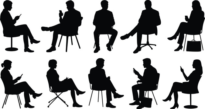 Silhouettes of people sitting and using smartphones, business communication, technology addiction, digital lifestyle, mobile device use illustration
