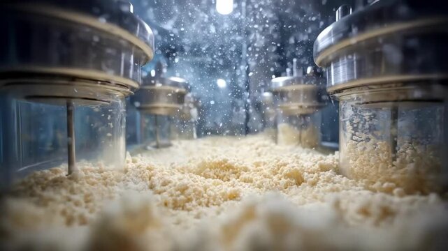 Fungal biomass undergoing fermentation in bioreactor with enzymes being harvested for diverse industrial processes including textile and food industries.