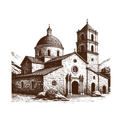  Vintage Mission Church Engraving – Historic Architecture Illustration