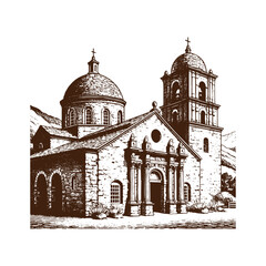  Vintage Mission Church Engraving – Historic Architecture Illustration