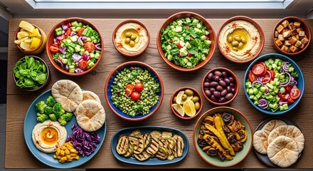 Overhead view of a vibrant Mediterranean feast with various dishes.