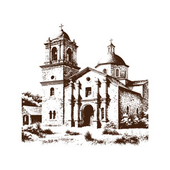  Vintage Mission Church Engraving – Historic Architecture Illustration