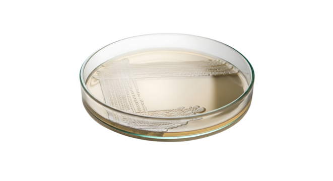 Petri dish with microbial culture colonies growing on agar isolated on white background for science research