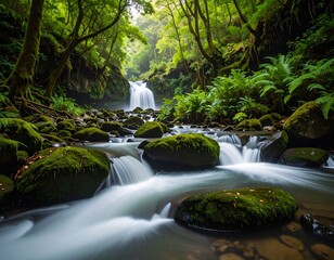 Serene waterfall cascades through lush green forest, flowing over mossy rocks