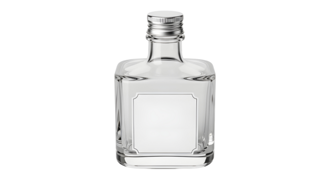 Small clear square glass liquor bottle with blank label isolated on white background