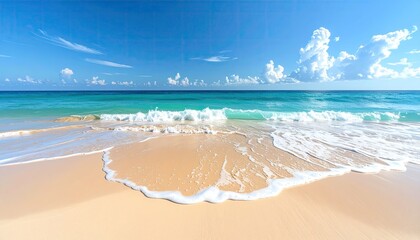 Serene Beach Scene With A Surfboard Standing Upright In The Soft Golden Sand Beside A Tall Palm Tree With Gentle Ocean Waves And Blue Sky With Wispy Clouds In The Background