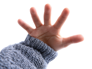 A child's hand, light-skinned, with five fingers outstretched, emerging from a gray knit sleeve