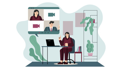 Hybrid Workplace with Office and Remote Team Flat Vector Illustration