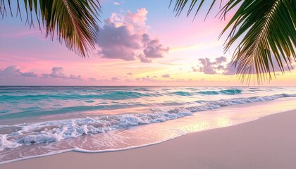 Tropical Beach At Sunset With Pink And Orange Sky Soft Waves Gently Touching Sandy Shoreline Palm Leaves Frame The Scene