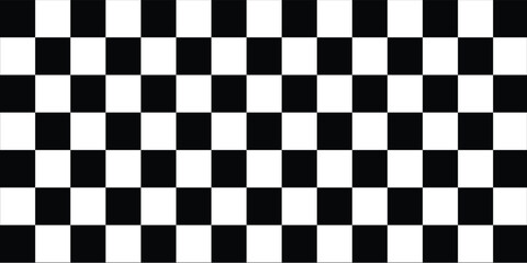 Fototapeta premium Distorted vector checkered seamless pattern. Groovy twisted grid. Psychedelic dynamic banner background. Retro 70s trippy hippie wavy aesthetic chess backdrop in black and white racing flag colors .