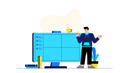 Hybrid Workplace with Office and Remote Team Flat Vector Illustration