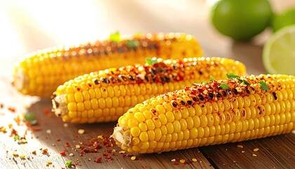 Three Roasted Corn Cobs on a Wooden Table with Lime Wedges and Seasoning Sprinkled with Parsley and Chili Flakes