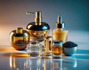 Elegant perfume bottles gleam on reflective surface, showcasing luxury fragrances with golden accents in a sophisticated and modern aesthetic.