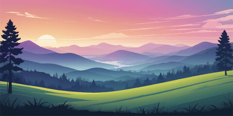 Sunset view over layered mountain hills with glowing sky, pine trees, and soft green meadow in calm evening light.