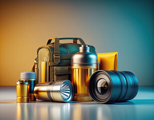 Photographer's equipment arranged on reflective surface in studio with professional camera lens, bag, and accessories, showcasing gear for photography enthusiasts.