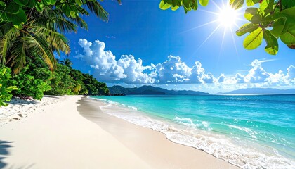 Turquoise Ocean Waves Gently Lap White Sand Beach Under Bright Blue Sky with Sunburst and Lush Green Foliage in Foreground